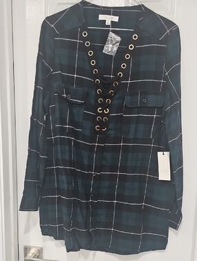 Active USA Green Plaid Tunic with Lace-Up Detail